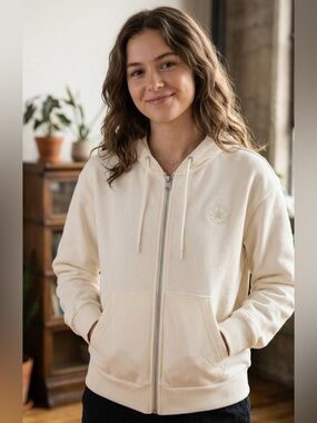 Converse Drawstring Cream Hoodie Size Medium